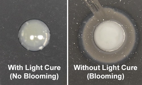 Image of UVCA with light cure (no blooming) compared to a UVCA without light cure (blooming) - otherwise referred to as chlorosis.
