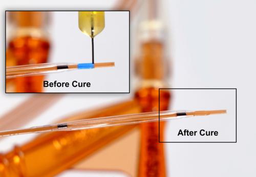 Dymax See-Cure-Technologie für lichthärtende Klebstoffe vor und nach der Aushärtung​​​​​​​